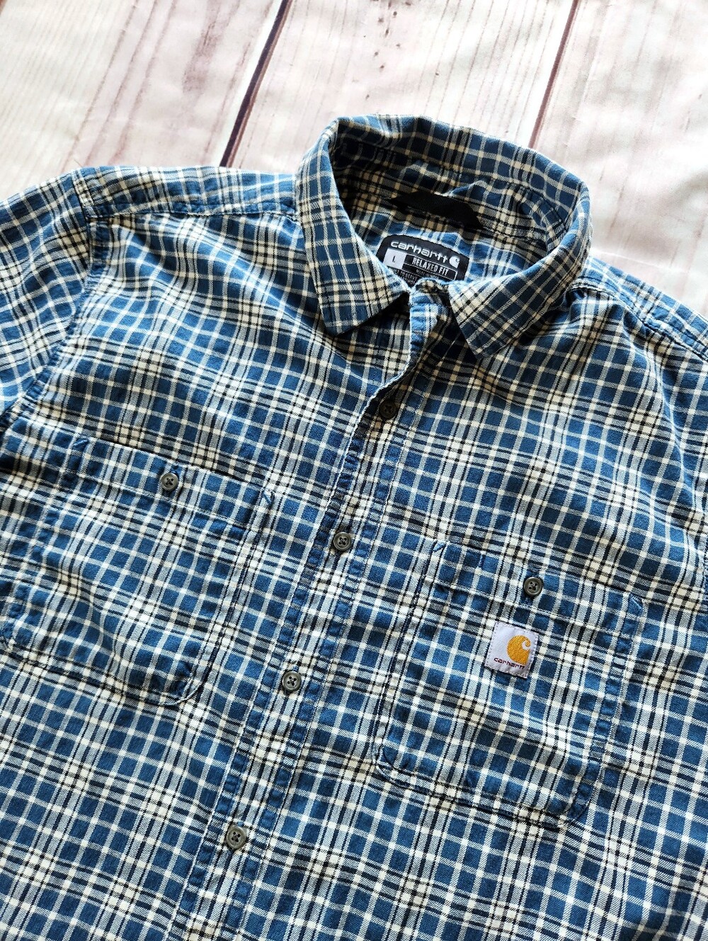 Carhartt "Rugged Flex Relaxed Fit Lightweight Short Sleeve Plaid Shirt" Blue L - Picture 5 of 11